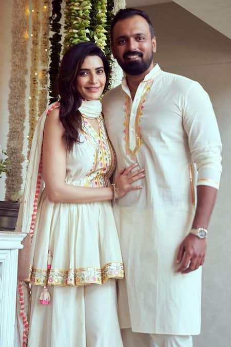 Buy Gopi Vaid Ivory Cotton Sequins, Mirrors Plunge Hana Embroidered Peplum Kurta With Sharara Buy_Gopi Vaid_Ivory Cotton Sequins, Mirrors Plunge Hana Embroidered Peplum Kurta With Sharara