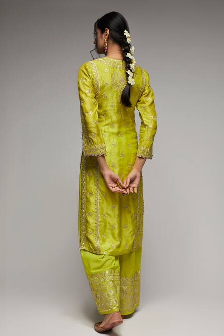 Shop Gopi Vaid Green Tussar, Organza Sequins, Embroidery Split V-neck Rati Kurta Sharara Set at Aza Fashions Shop_Gopi Vaid_Green Tussar, Organza Sequins, Embroidery Split V-neck Rati Kurta Sharara Set_at_Aza_Fashions