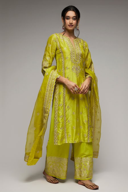 Gopi Vaid Green Tussar, Organza Sequins, Embroidery Split V-neck Rati Kurta Sharara Set Online at Aza Fashions Gopi Vaid_Green Tussar, Organza Sequins, Embroidery Split V-neck Rati Kurta Sharara Set_Online_at_Aza_Fashions