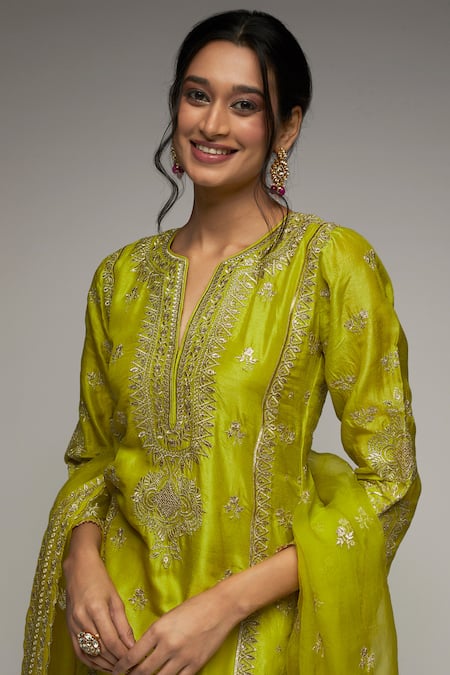 Buy Gopi Vaid Green Tussar, Organza Sequins, Embroidery Split V-neck Rati Kurta Sharara Set Online at Aza Fashions Buy_Gopi Vaid_Green Tussar, Organza Sequins, Embroidery Split V-neck Rati Kurta Sharara Set_Online_at_Aza_Fashions