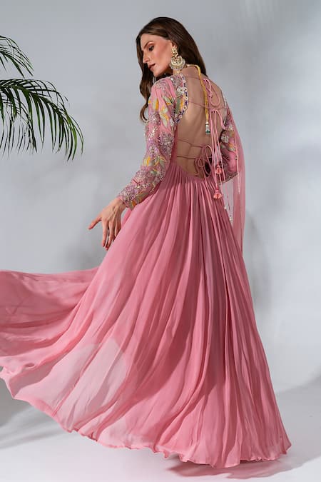 Shop Neha Khullar Pink Georgette, Organza, Crepe Embroidery Anarkali With Dupatta at Aza Fashions Shop_Neha Khullar_Pink Georgette, Organza, Crepe Embroidery Anarkali With Dupatta _at_Aza_Fashions