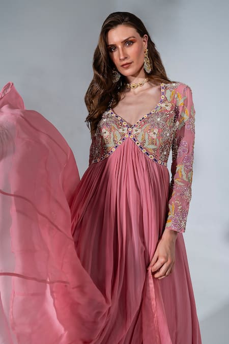 Buy Neha Khullar Pink Georgette, Organza, Crepe Embroidery Anarkali With Dupatta Online at Aza Fashions Buy_Neha Khullar_Pink Georgette, Organza, Crepe Embroidery Anarkali With Dupatta _Online_at_Aza_Fashions