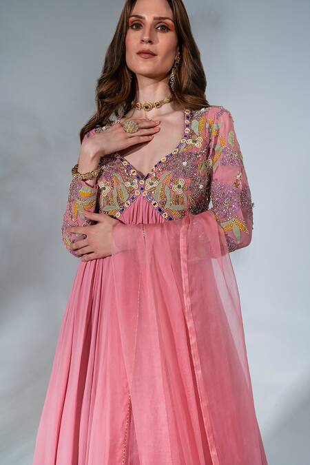 Shop Neha Khullar Pink Georgette, Organza, Crepe Embroidery Anarkali With Dupatta Online at Aza Fashions Shop_Neha Khullar_Pink Georgette, Organza, Crepe Embroidery Anarkali With Dupatta _Online_at_Aza_Fashions