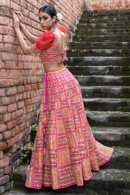 Buy_Vandana Sethi_Fuchsia Silk Embroidery, Sequins, Tassels, Mirrors Colorblock Lehenga Set 