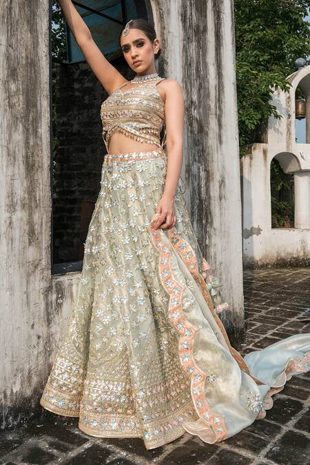 Buy Vandana Sethi Green , Silk Gota Patti, Embroidered Blouse Bridal Lehenga Set Buy_Vandana Sethi_Green , Silk Gota Patti, Embroidered Blouse Bridal Lehenga Set