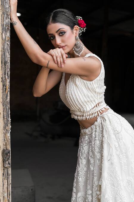Shop_Vandana Sethi_White Organza Pearls Boat Neck Embroidered Bridal Lehenga Set 