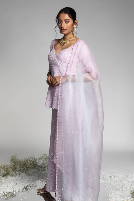 Madzin_Purple Organza, Georgette, Silk Embroidery, Aari Embellished Kurta Sharara Set _Online_at_Aza_Fashions
