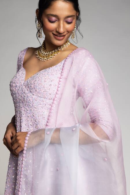 Buy_Madzin_Purple Organza, Georgette, Silk Embroidery, Aari Embellished Kurta Sharara Set _Online_at_Aza_Fashions