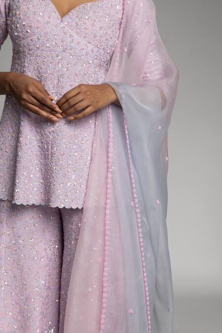 Shop_Madzin_Purple Organza, Georgette, Silk Embroidery, Aari Embellished Kurta Sharara Set _Online_at_Aza_Fashions