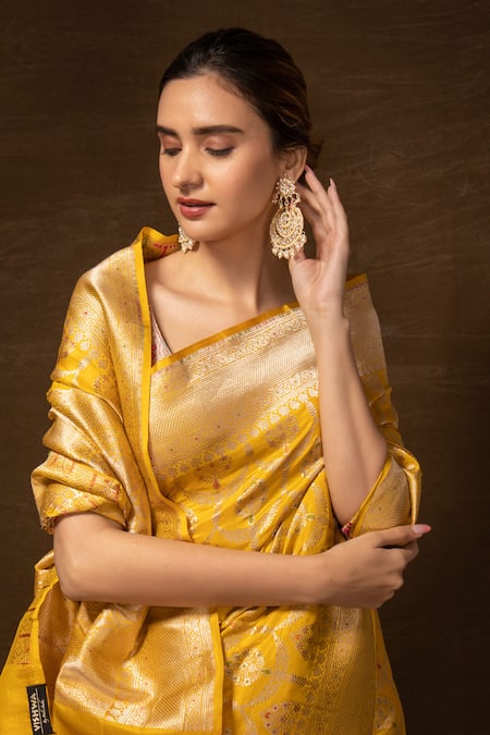 Buy_Vishwa By Pinki Sinha_Yellow Silk Mughal Pattern Banarasi Handwoven Saree With Running Blouse_Online_at_Aza_Fashions