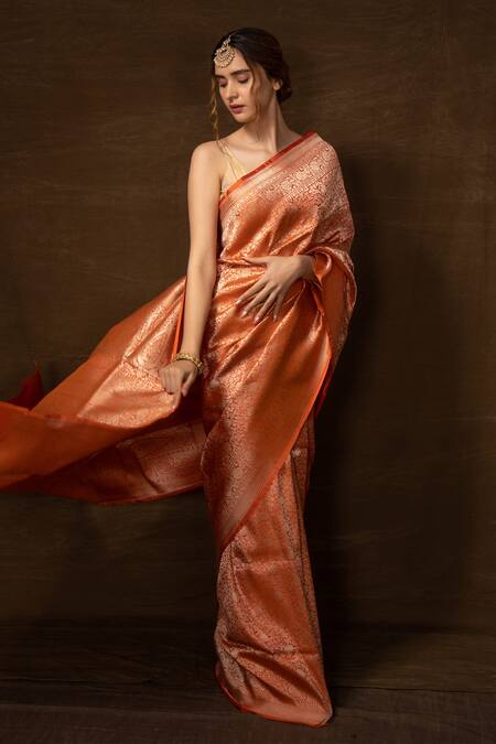 Vishwa By Pinki Sinha_Orange Silk Zari Brocade Banarasi Handwoven Saree With Running Blouse_Online_at_Aza_Fashions