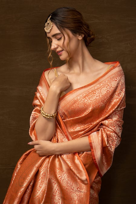 Buy_Vishwa By Pinki Sinha_Orange Silk Zari Brocade Banarasi Handwoven Saree With Running Blouse_Online_at_Aza_Fashions