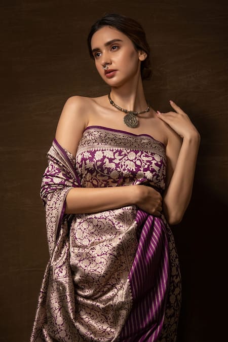 Buy_Vishwa By Pinki Sinha_Purple Silk Shikargah Patterns Banarasi Handwoven Saree With Running Blouse _Online_at_Aza_Fashions