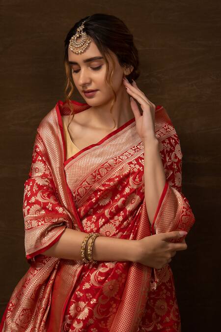 Buy Vishwa By Pinki Sinha Red Silk Embroidery Banarasi Handwoven Saree With Running Blouse Online at Aza Fashions Buy_Vishwa By Pinki Sinha_Red Silk Embroidery Banarasi Handwoven Saree With Running Blouse_Online_at_Aza_Fashions