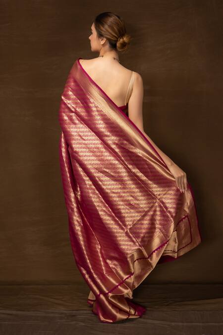 Shop Vishwa By Pinki Sinha Magenta Silk Zari Banarasi Handwoven Saree With Running Blouse at Aza Fashions Shop_Vishwa By Pinki Sinha_Magenta Silk Zari Banarasi Handwoven Saree With Running Blouse_at_Aza_Fashions