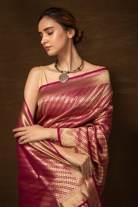 Buy Vishwa By Pinki Sinha Magenta Silk Zari Banarasi Handwoven Saree With Running Blouse Online at Aza Fashions Buy_Vishwa By Pinki Sinha_Magenta Silk Zari Banarasi Handwoven Saree With Running Blouse_Online_at_Aza_Fashions