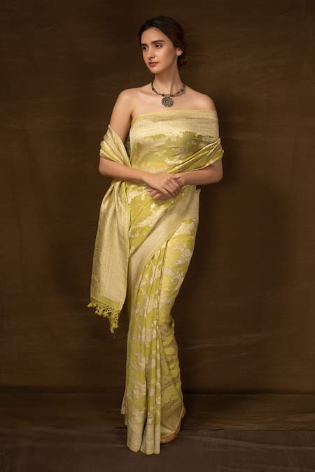Buy Yellow Pure Rosses Pattern Banarasi Saree With Running Blouse For ...
