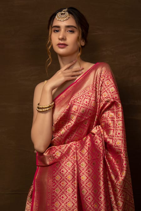 Buy_Vishwa By Pinki Sinha_Pink Silk Brocade Jaal Pattern Banarasi Handwoven Saree With Running Blouse _Online_at_Aza_Fashions
