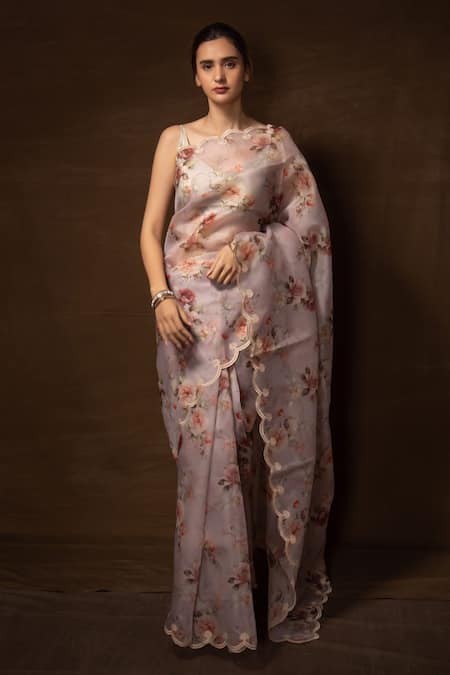 Pinki Sinha Purple Kora Silk Printed Floral Blossom Saree With Running Blouse