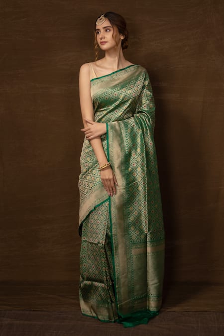 Pinki Sinha Green Pure Silk Woven Floral Jaal Saree With Running Blouse