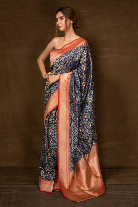 Vishwa By Pinki Sinha_Blue Silk Embroidery Patola Woven Saree With Running Blouse_Online_at_Aza_Fashions