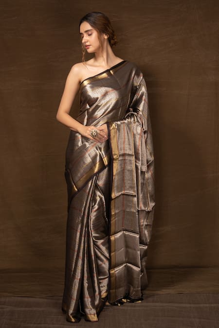 Pinki Sinha Silver Pure Silk Woven Stripe Banarasi Saree With Running Blouse