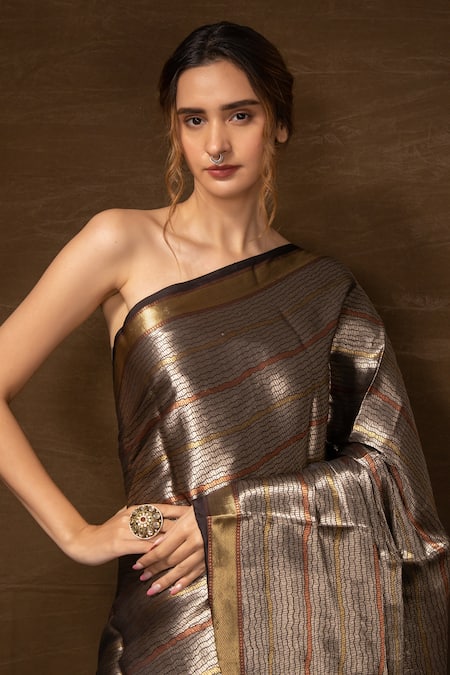 Buy_Vishwa By Pinki Sinha_Silver Silk Zari Stripe Banarasi Saree With Running Blouse_Online_at_Aza_Fashions
