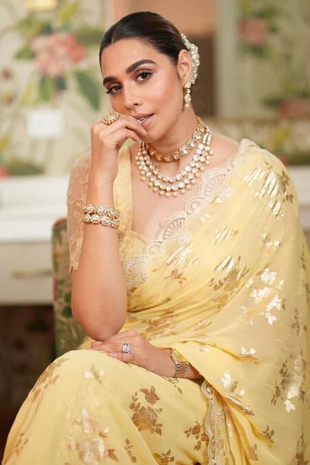 Summer By Priyanka Gupta_Yellow Georgette Lace, Embroidery Floral Foil Pattern Saree With Blouse_at_Aza_Fashions