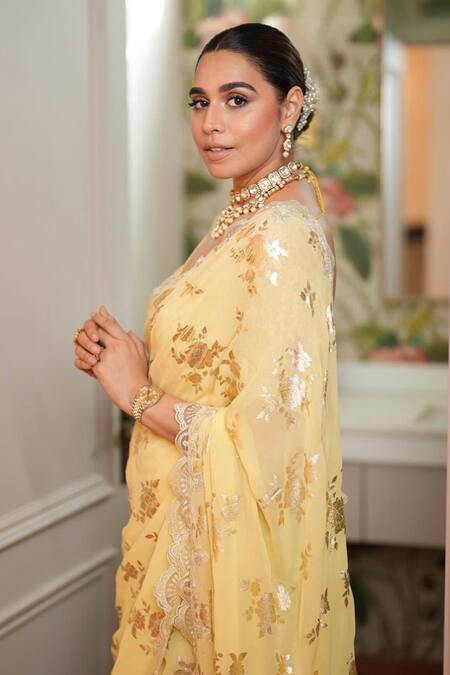 Buy_Summer By Priyanka Gupta_Yellow Georgette Lace, Embroidery Floral Foil Pattern Saree With Blouse