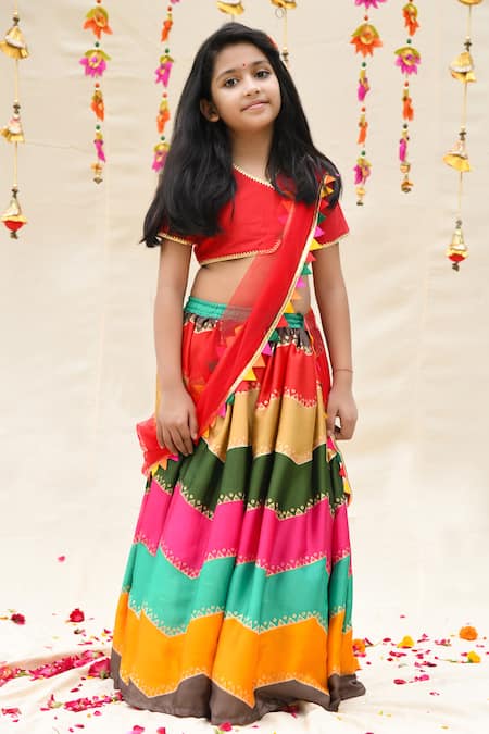 APRICOTKIDS_Multi Color Chiffon, Cotton Embroidery Wave Pattern Lehenga Set _Online_at_Aza_Fashions