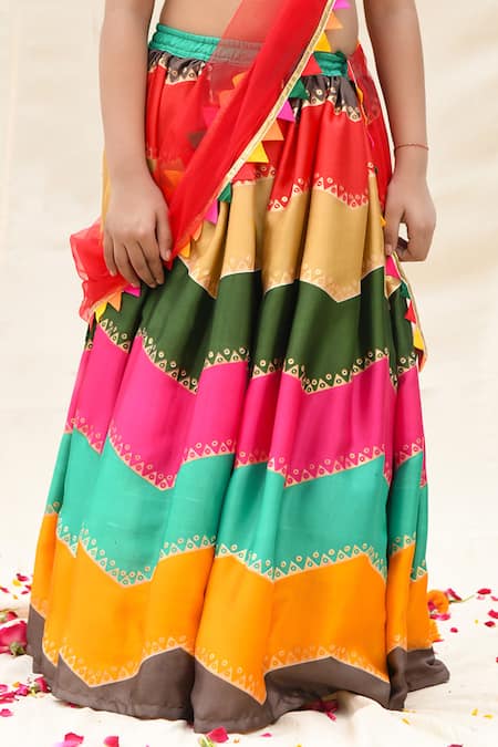 Buy_APRICOTKIDS_Multi Color Chiffon, Cotton Embroidery Wave Pattern Lehenga Set _Online_at_Aza_Fashions