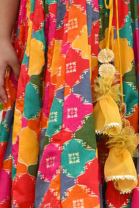 Shop APRICOTKIDS Multi Color Organza, Chiffon Tassels, Ruffles Jaal Pattern Lehenga With Blouse Online at Aza Fashions Shop_APRICOTKIDS_Multi Color Organza, Chiffon Tassels, Ruffles Jaal Pattern Lehenga With Blouse_Online_at_Aza_Fashions
