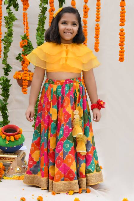 Shop APRICOTKIDS Multi Color Organza, Chiffon Tassels, Ruffles Jaal Pattern Lehenga With Blouse at Aza Fashions Shop_APRICOTKIDS_Multi Color Organza, Chiffon Tassels, Ruffles Jaal Pattern Lehenga With Blouse_at_Aza_Fashions