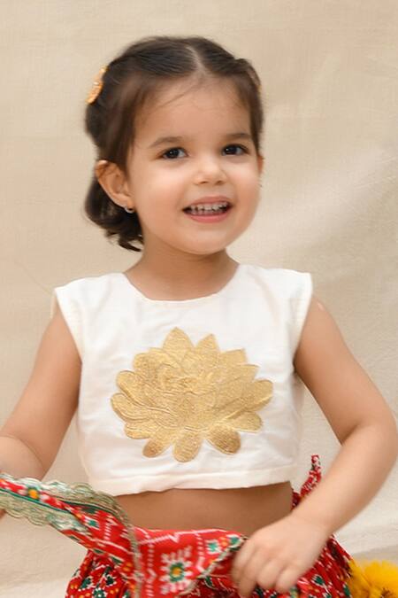 APRICOTKIDS_Red Cotton, Silk, Chiffon Embroidery Patola Pattern Lehenga Set _Online_at_Aza_Fashions