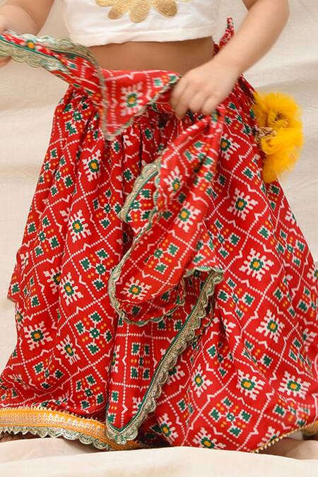 Buy_APRICOTKIDS_Red Cotton, Silk, Chiffon Embroidery Patola Pattern Lehenga Set _Online_at_Aza_Fashions