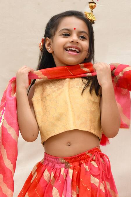 APRICOTKIDS_Red Kota Doria Tassels, Zari Leheriya Pattern Lehenga Set_Online_at_Aza_Fashions