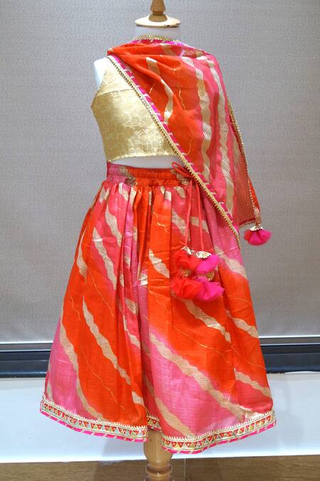 APRICOTKIDS_Red Kota Doria Tassels, Zari Leheriya Pattern Lehenga Set_at_Aza_Fashions
