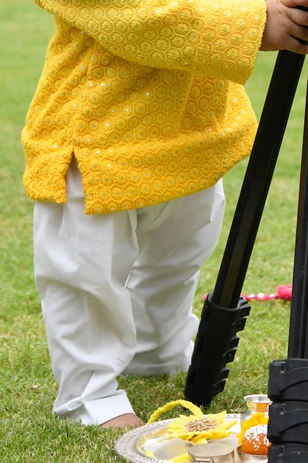 Buy_APRICOTKIDS_Yellow Faux Leather Sequins Chikankari Embroidered Kurta With Pant _Online_at_Aza_Fashions