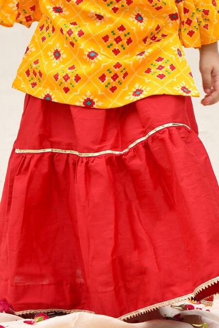 APRICOTKIDS_Yellow Cotton, Silk, Chiffon Tassels Patola Pattern Kurta Lehenga Set_Online_at_Aza_Fashions