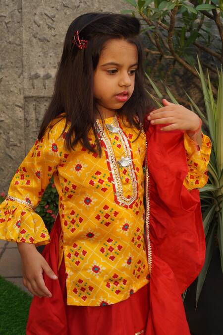 Buy_APRICOTKIDS_Yellow Cotton, Silk, Chiffon Tassels Patola Pattern Kurta Lehenga Set_Online_at_Aza_Fashions