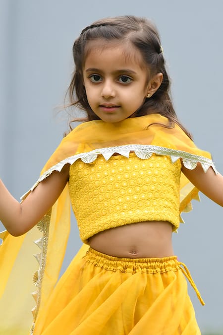 Buy_APRICOTKIDS_Yellow Organza, Chiffon Embroidery, Tassels Chikankari Blouse Lehenga Set _Online_at_Aza_Fashions