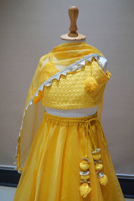 Shop_APRICOTKIDS_Yellow Organza, Chiffon Embroidery, Tassels Chikankari Blouse Lehenga Set _Online_at_Aza_Fashions
