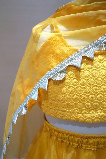 APRICOTKIDS_Yellow Organza, Chiffon Embroidery, Tassels Chikankari Blouse Lehenga Set _at_Aza_Fashions