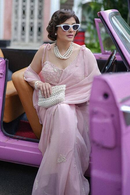 Shop_Summer By Priyanka Gupta_Pink Chiffon, Georgette Beads, Cut Work, Dandelion Saree And Blouse Set_Online_at_Aza_Fashions