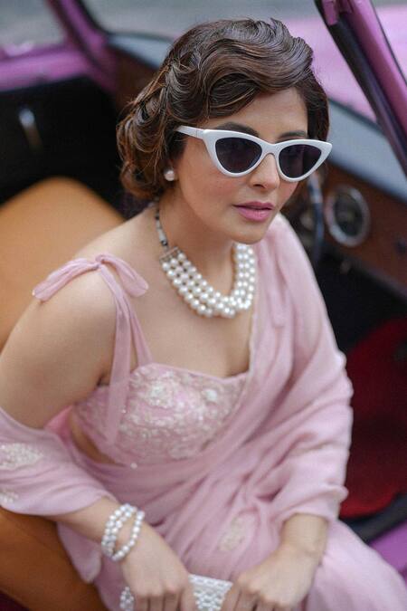 Summer By Priyanka Gupta_Pink Chiffon, Georgette Beads, Cut Work, Dandelion Saree And Blouse Set_at_Aza_Fashions