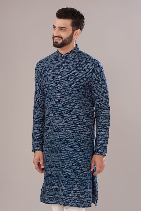 Kasbah_Blue Silk Embroidery Thread Kurta _Online_at_Aza_Fashions