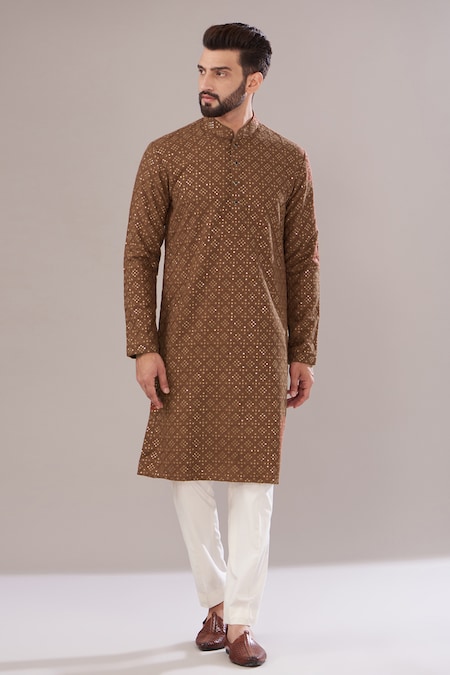 Kasbah Brown Silk Embroidered Thread Chikankari And Sequin Work Kurta