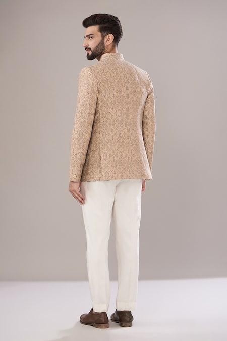 Shop Kasbah Peach Chanderi Sequins, Embroidery Thread Work Bandhgala at Aza Fashions Shop_Kasbah_Peach Chanderi Sequins, Embroidery Thread Work Bandhgala _at_Aza_Fashions