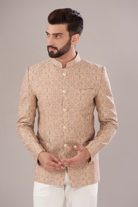 Kasbah Peach Chanderi Sequins, Embroidery Thread Work Bandhgala Online at Aza Fashions Kasbah_Peach Chanderi Sequins, Embroidery Thread Work Bandhgala _Online_at_Aza_Fashions