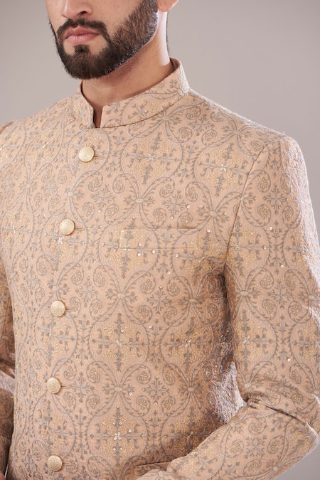 Buy Kasbah Peach Chanderi Sequins, Embroidery Thread Work Bandhgala Online at Aza Fashions Buy_Kasbah_Peach Chanderi Sequins, Embroidery Thread Work Bandhgala _Online_at_Aza_Fashions